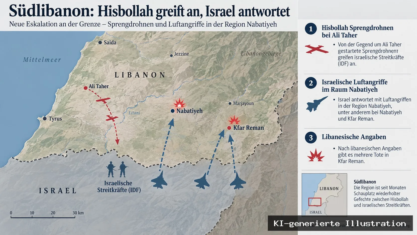 Hisbollah greift IDF mit Sprengdrohnen an, Israel antwortet: Libanon meldet elf Tote