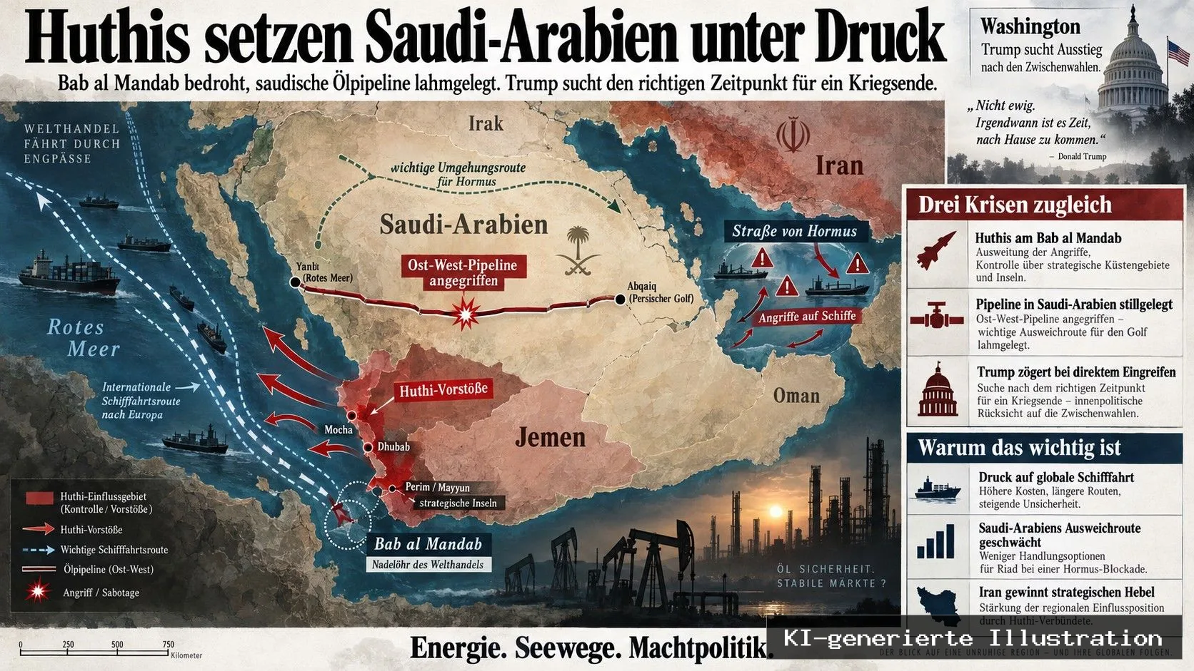 Huthis am Bab al Mandab, saudische Ölpipeline stillgelegt: Trump sucht den Ausstieg aus dem Krieg mit Iran