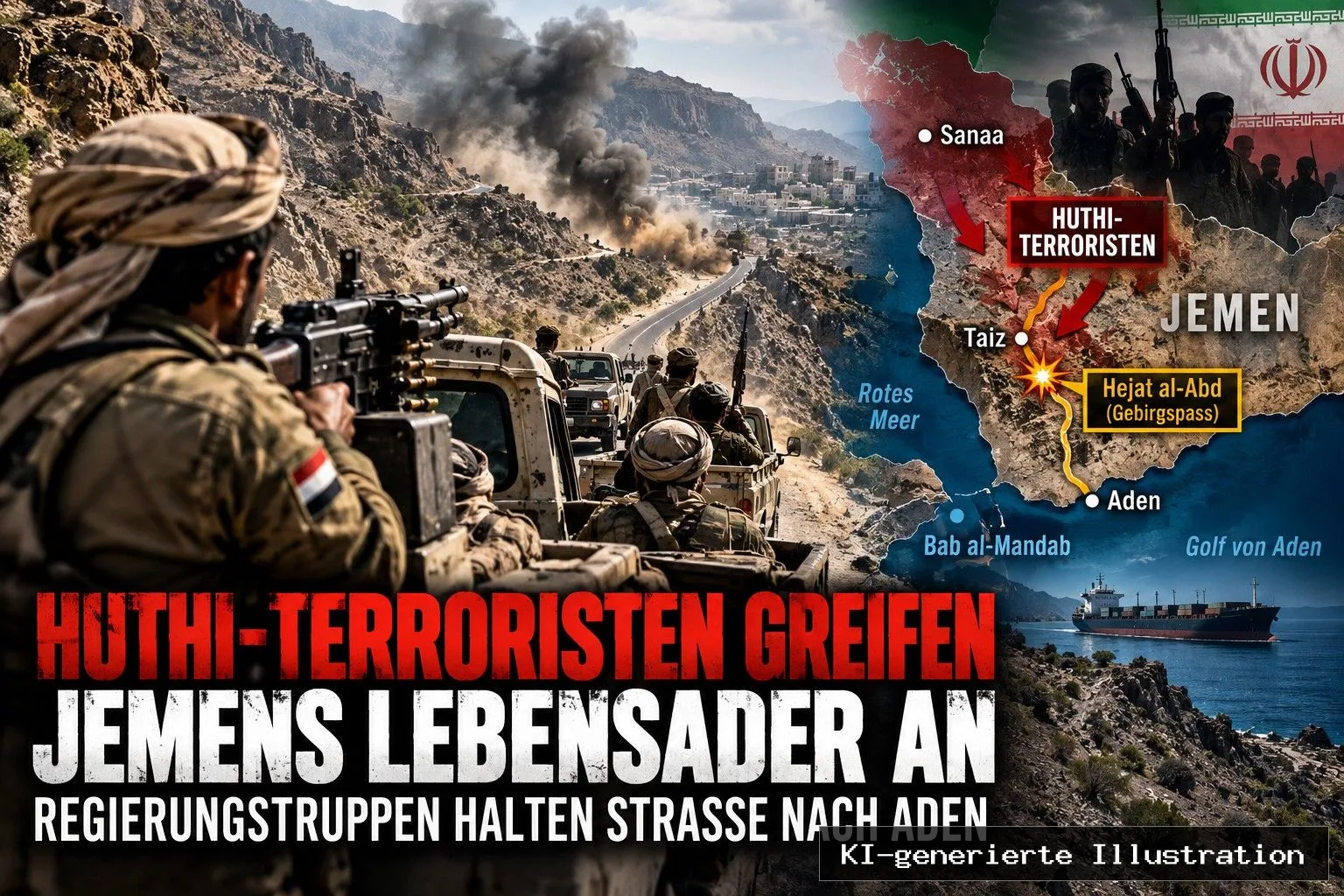 Huthi-Terroristen greifen Jemens Lebensader an: Regierungstruppen halten Straße nach Aden