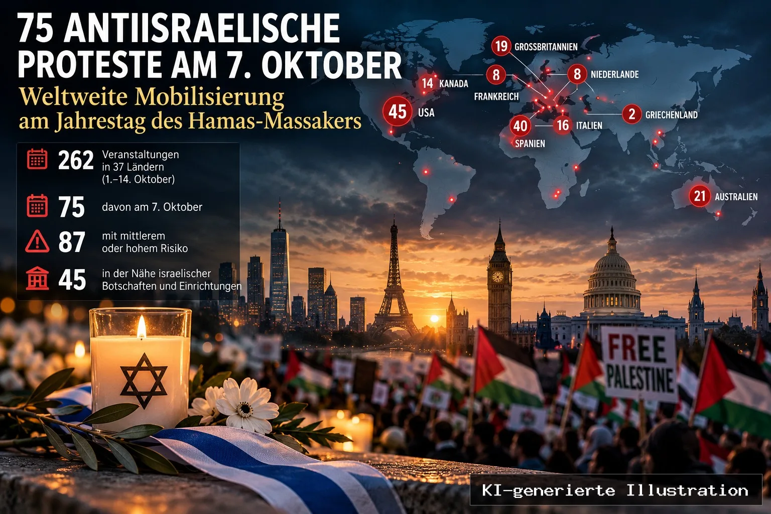 75 antiisraelische Proteste am 7. Oktober , 14 davon in Deutschland