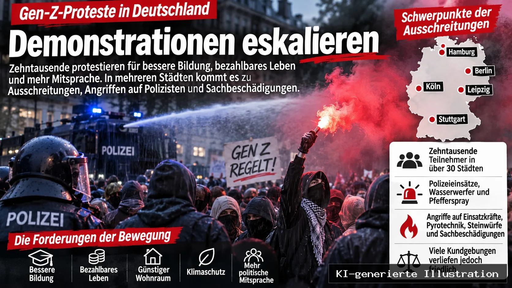 Gen-Z-Proteste eskalieren: Wasserwerfer, Steinwürfe und brennende Barrikaden